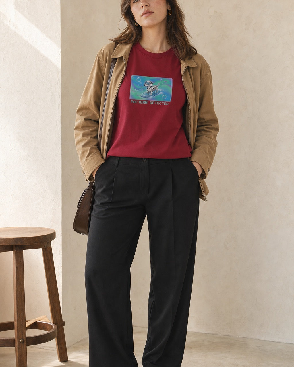 O's Tees Pattern Detected Dalmatian Frutiger Aero Dogs graphic tee lifestyle image — Cardinal Red shirt, female shot 02, black trouser camel jacket