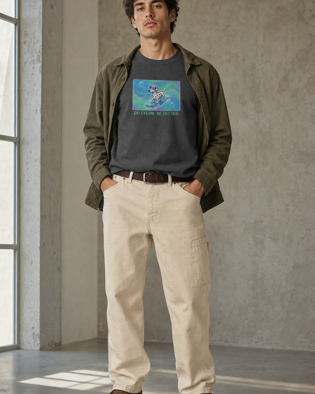 O's Tees Pattern Detected Dalmatian Frutiger Aero Dogs graphic tee lifestyle image — Dark Heather shirt, male shot 01, ecru carpenter olive field