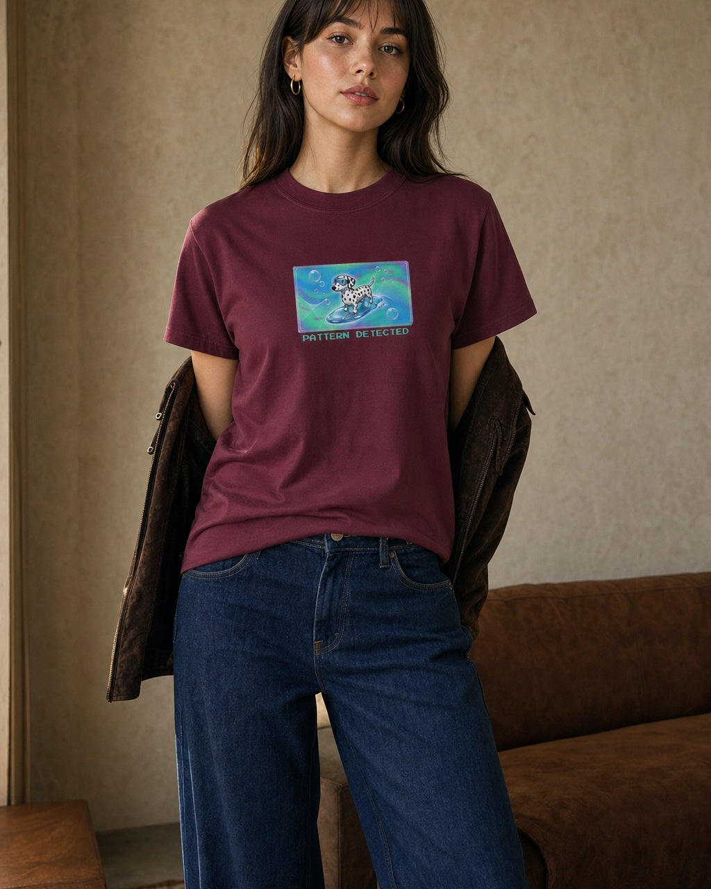O's Tees Pattern Detected Dalmatian Frutiger Aero Dogs graphic tee lifestyle image — Maroon shirt, female shot 01, deep indigo chocolate