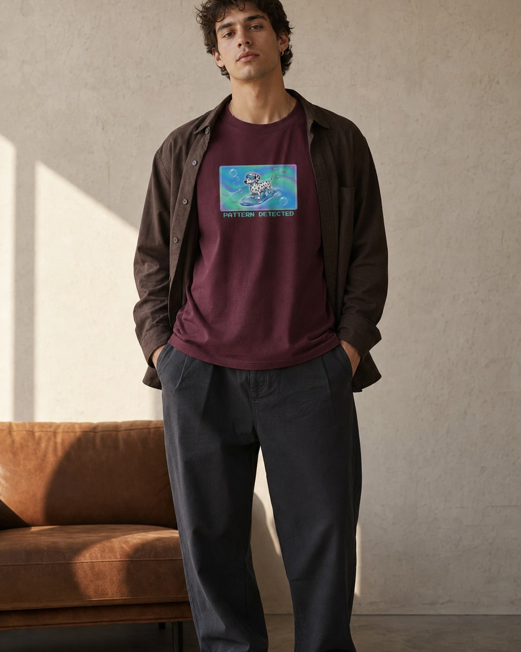 O's Tees Pattern Detected Dalmatian Frutiger Aero Dogs graphic tee lifestyle image — Maroon shirt, male shot 02, charcoal workwear