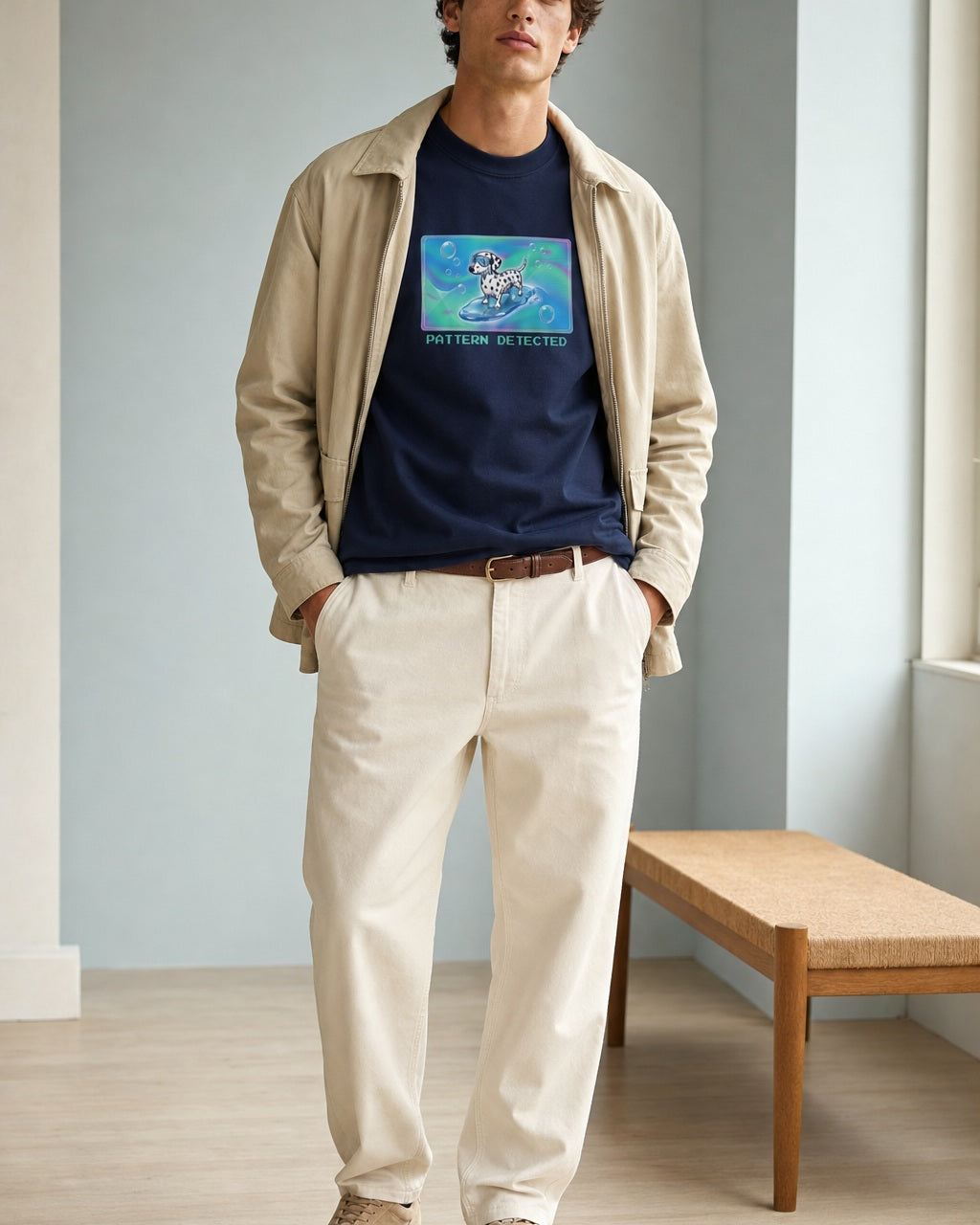 O's Tees Pattern Detected Dalmatian Frutiger Aero Dogs graphic tee lifestyle image — Navy shirt, male shot 01, ecru trouser field
