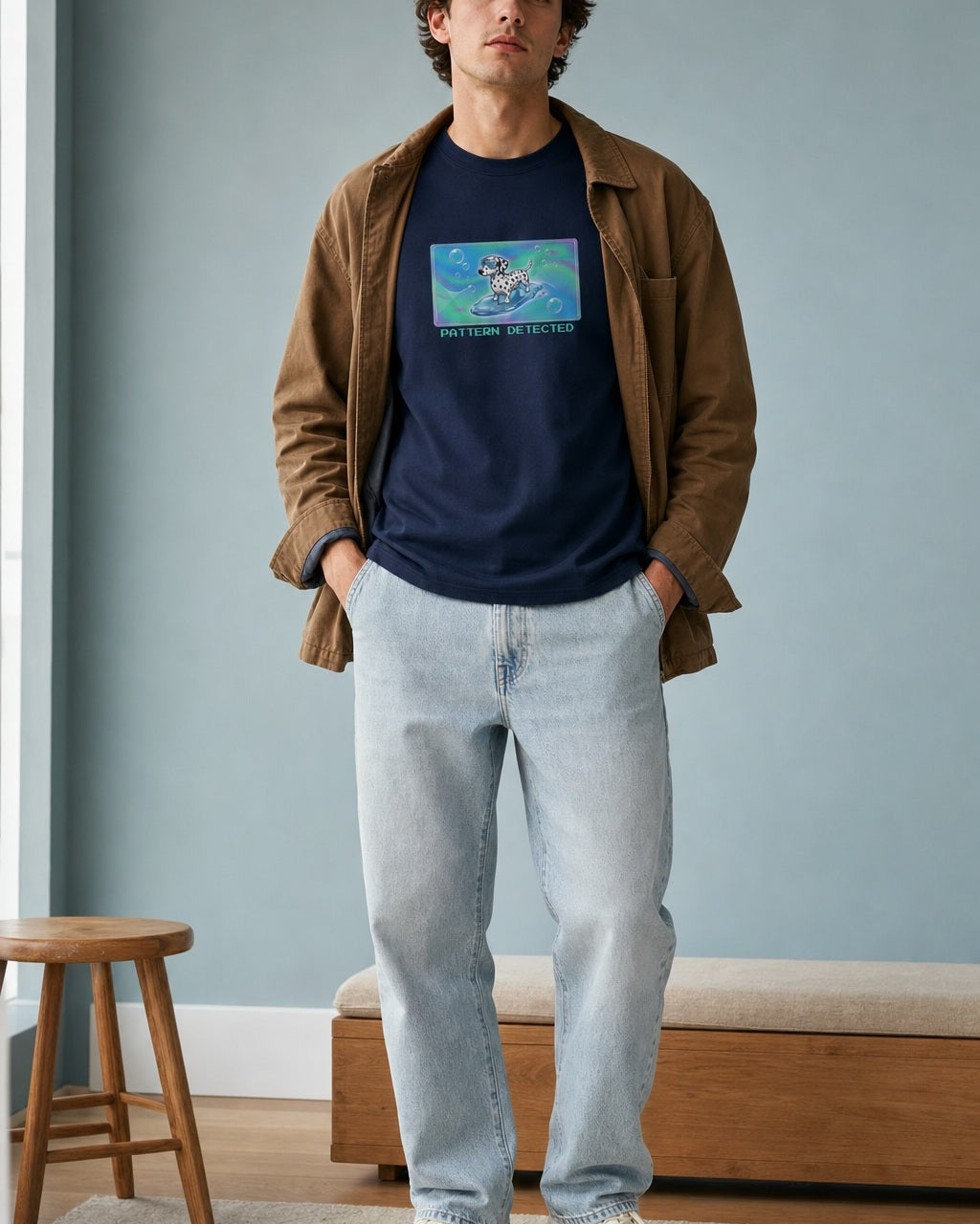O's Tees Pattern Detected Dalmatian Frutiger Aero Dogs graphic tee lifestyle image — Navy shirt, male shot 02, light denim tobacco