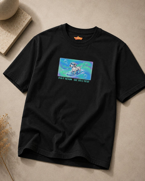O's Tees Pattern Detected Dalmatian Frutiger Aero Dogs graphic tee — tabletop primary product image