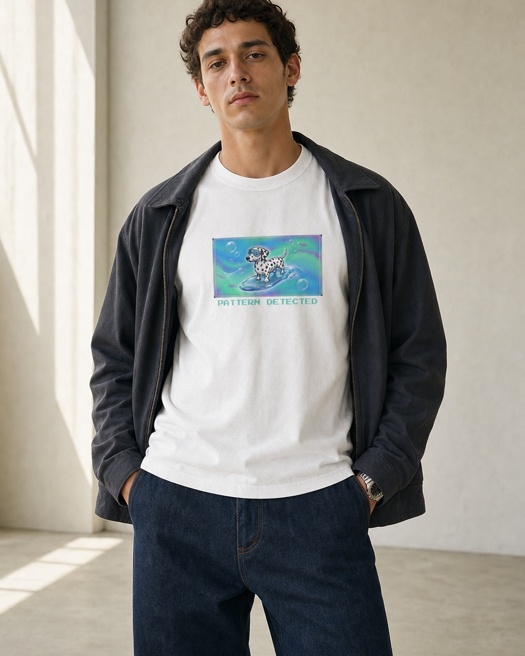 O's Tees Pattern Detected Dalmatian Frutiger Aero Dogs graphic tee lifestyle image — White shirt, male shot 02, indigo workwear