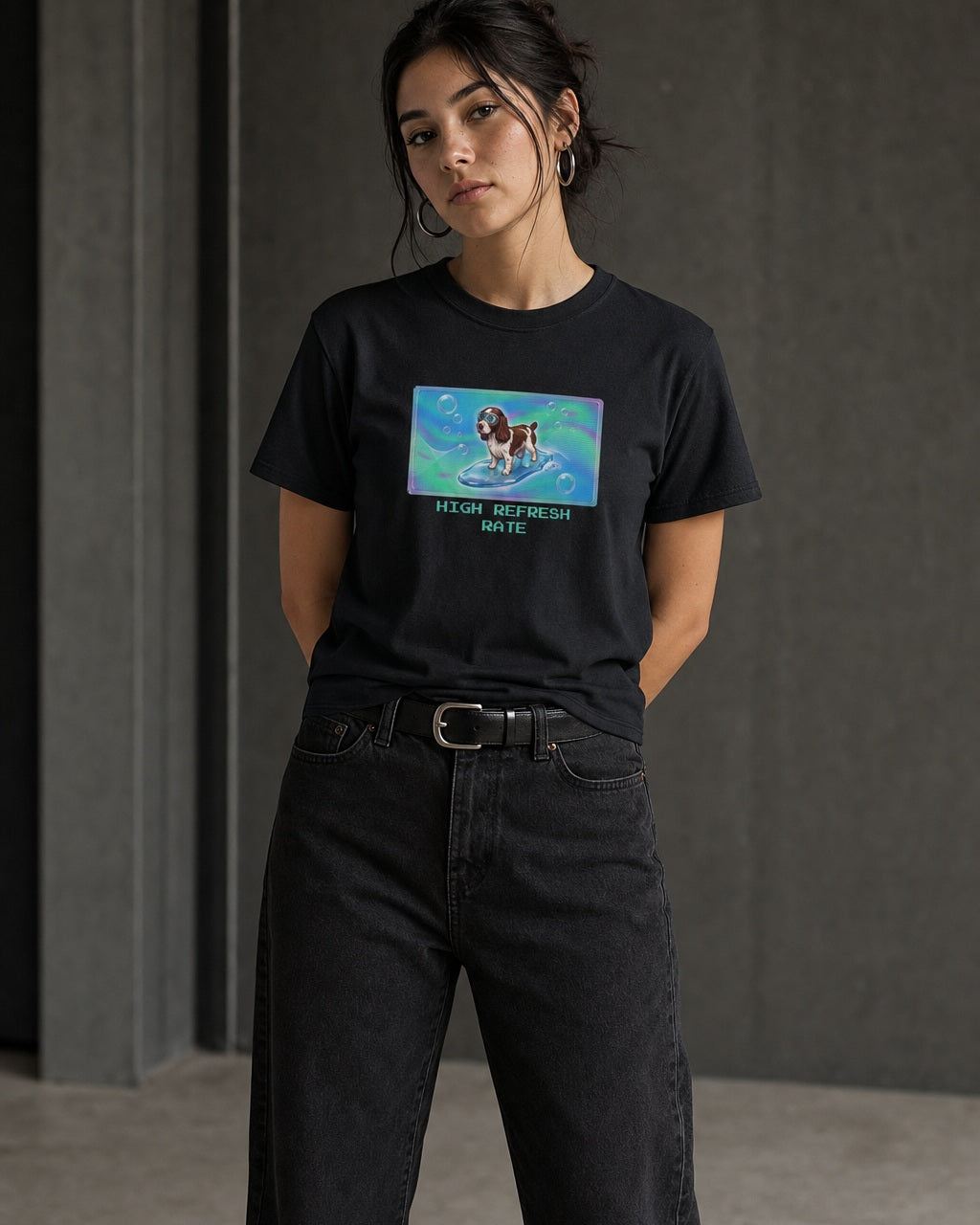 O's Tees High Refresh Rate English Springer Spaniel Frutiger Aero Dogs graphic tee lifestyle image — Black shirt, female shot 01, washed black denim