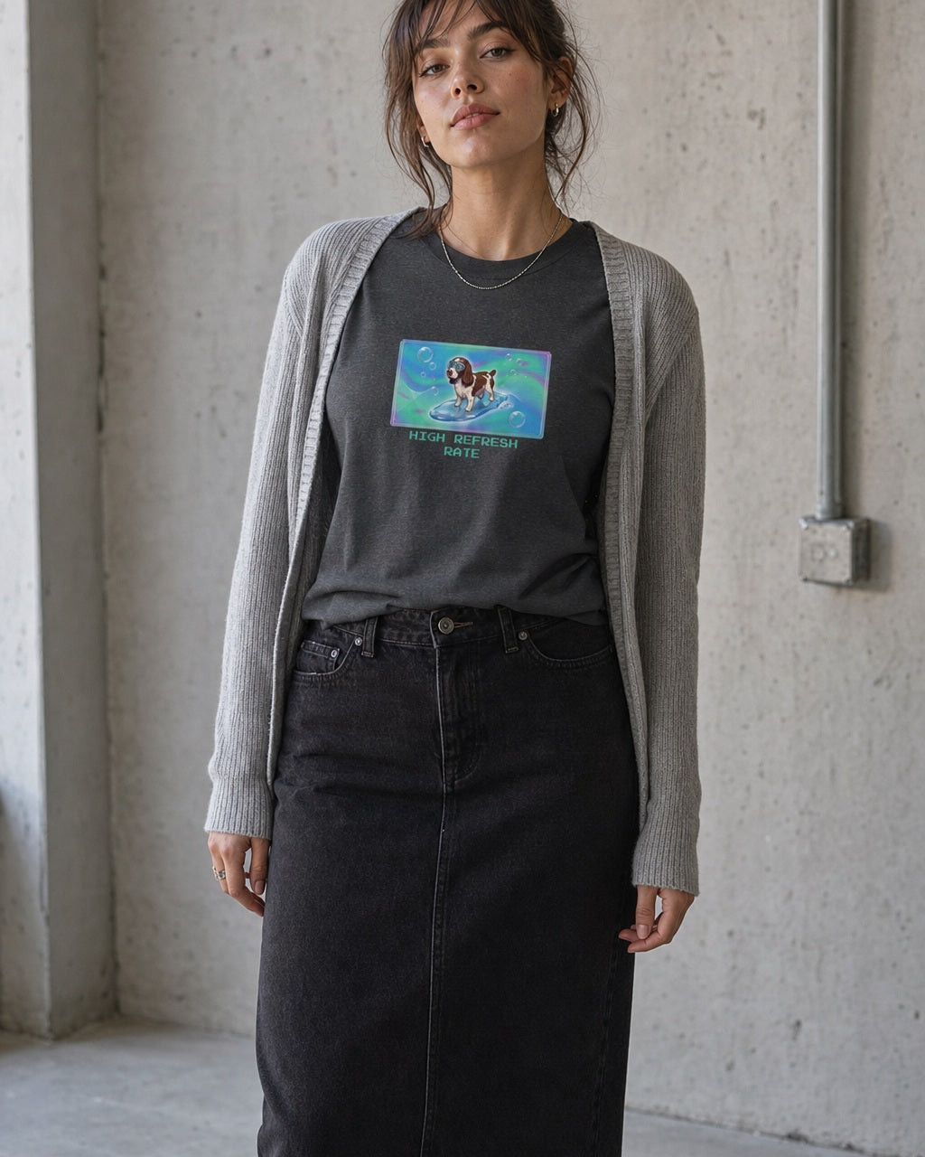 O's Tees High Refresh Rate English Springer Spaniel Frutiger Aero Dogs graphic tee lifestyle image — Dark Heather shirt, female shot 02, washed black column skirt