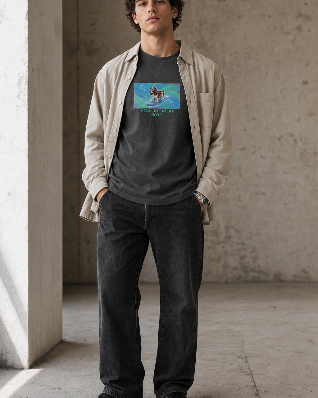 O's Tees High Refresh Rate English Springer Spaniel Frutiger Aero Dogs graphic tee lifestyle image — Dark Heather shirt, male shot 02, faded black denim stone overshirt