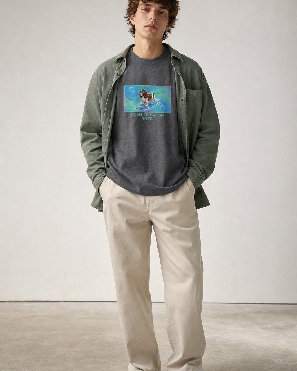 O's Tees High Refresh Rate English Springer Spaniel Frutiger Aero Dogs graphic tee lifestyle image — Graphite Heather shirt, male shot 01, stone trouser sage overshirt