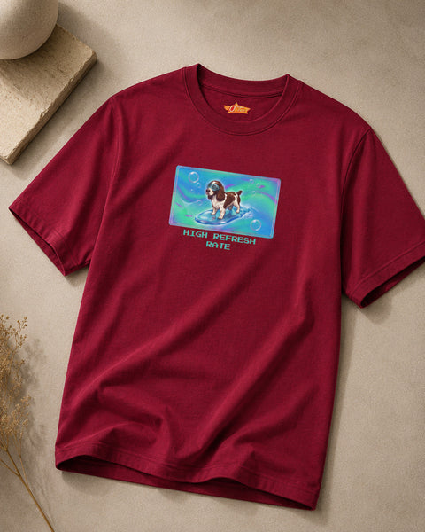 O's Tees High Refresh Rate English Springer Spaniel Frutiger Aero Dogs graphic tee — tabletop primary product image