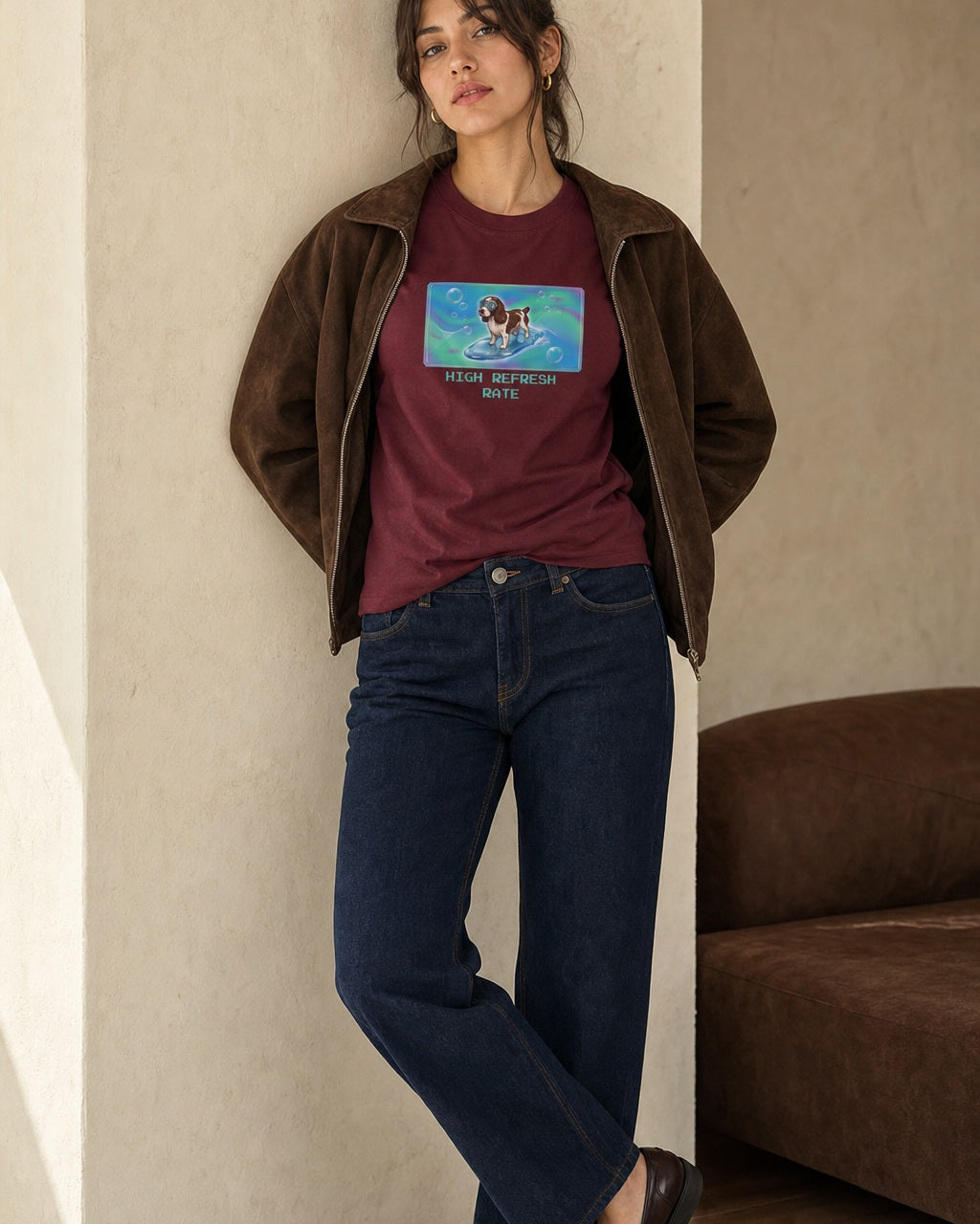 O's Tees High Refresh Rate English Springer Spaniel Frutiger Aero Dogs graphic tee lifestyle image — Maroon shirt, female shot 01, deep indigo chocolate