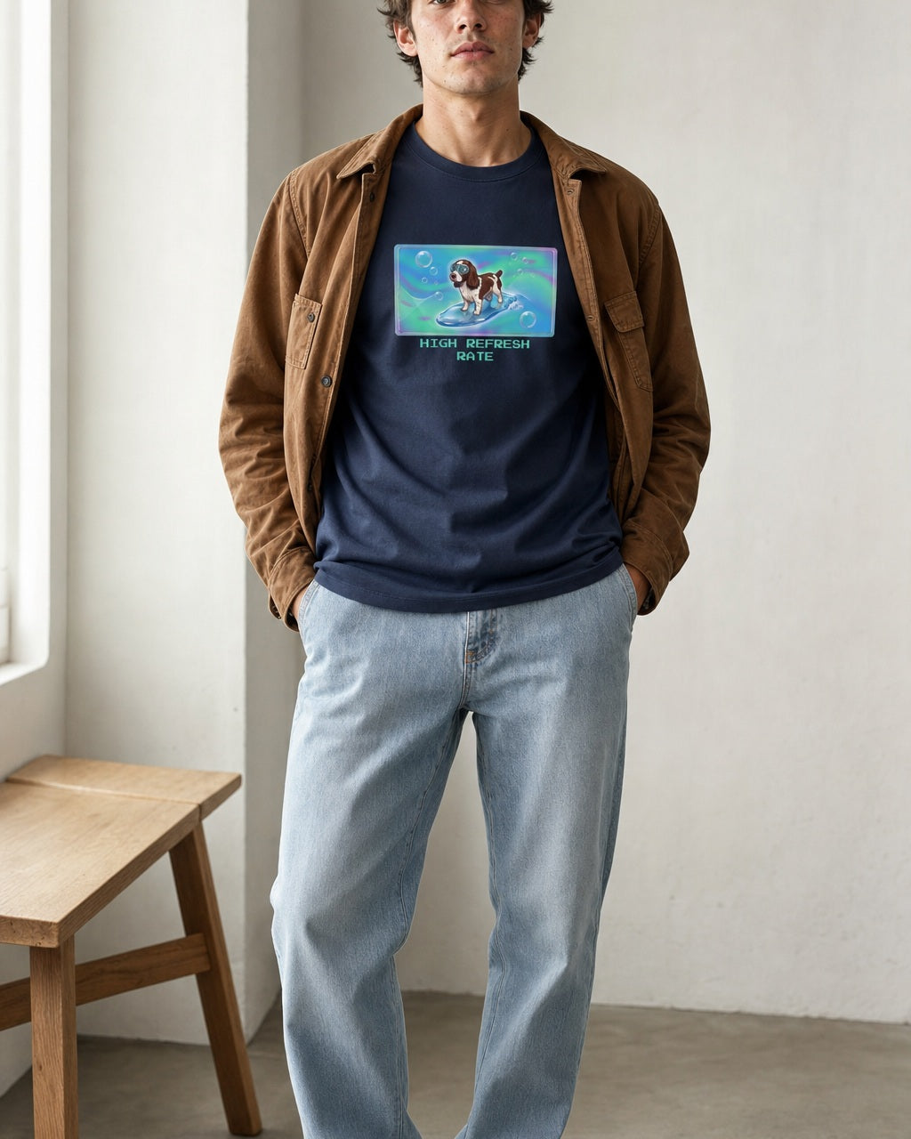 O's Tees High Refresh Rate English Springer Spaniel Frutiger Aero Dogs graphic tee lifestyle image — Navy shirt, male shot 02, light denim tobacco