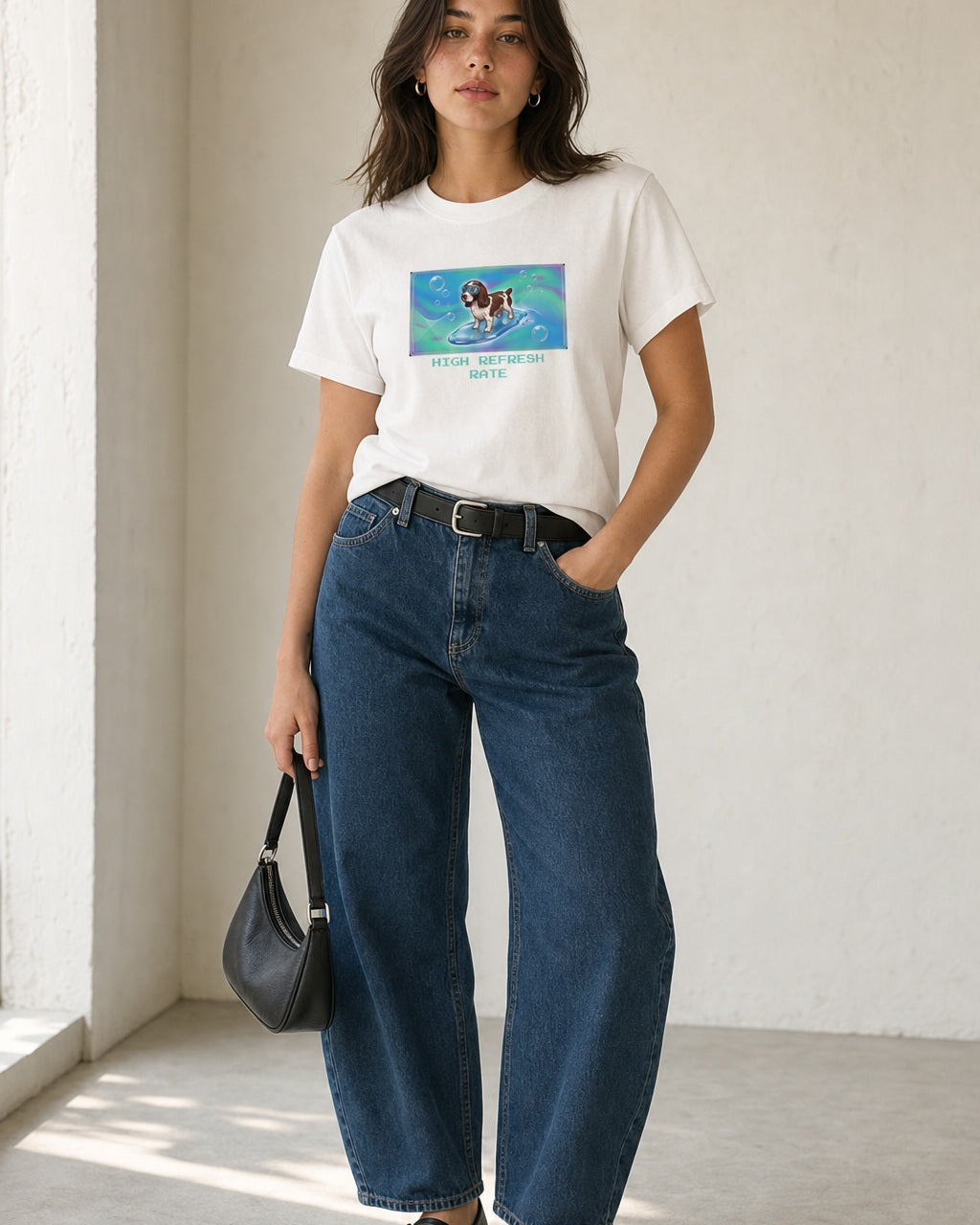 O's Tees High Refresh Rate English Springer Spaniel Frutiger Aero Dogs graphic tee lifestyle image — White shirt, female shot 01, barrel denim mary jane