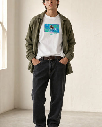 O's Tees High Refresh Rate English Springer Spaniel Frutiger Aero Dogs graphic tee lifestyle image — White shirt, male shot 01, black denim field jacket