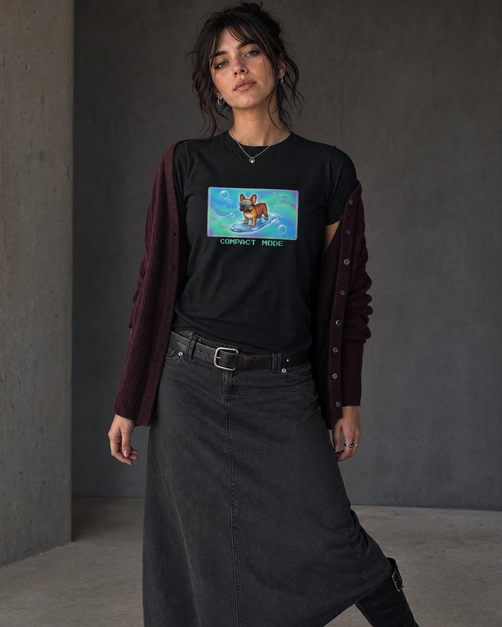 O's Tees Compact Mode French Bulldog Frutiger Aero Dogs graphic tee lifestyle image — Black shirt, female shot 02, charcoal maxi plum