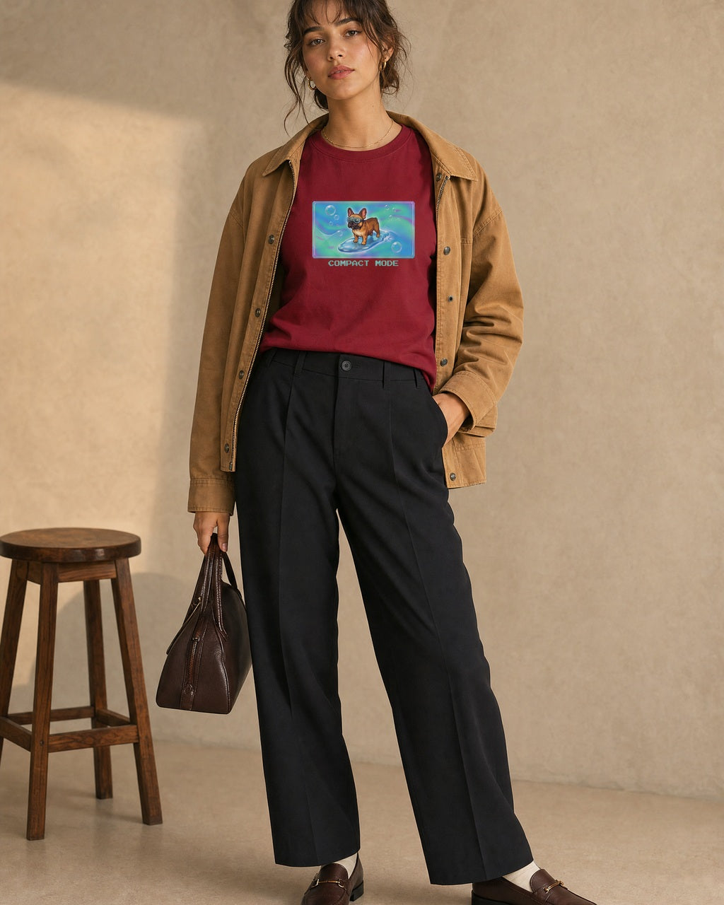 O's Tees Compact Mode French Bulldog Frutiger Aero Dogs graphic tee lifestyle image — Cardinal Red shirt, female shot 02, black trouser camel jacket