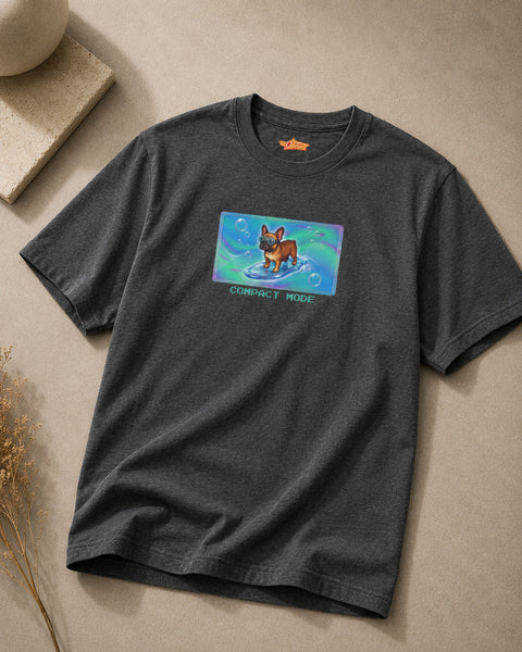 O's Tees Compact Mode French Bulldog Frutiger Aero Dogs graphic tee — tabletop primary product image