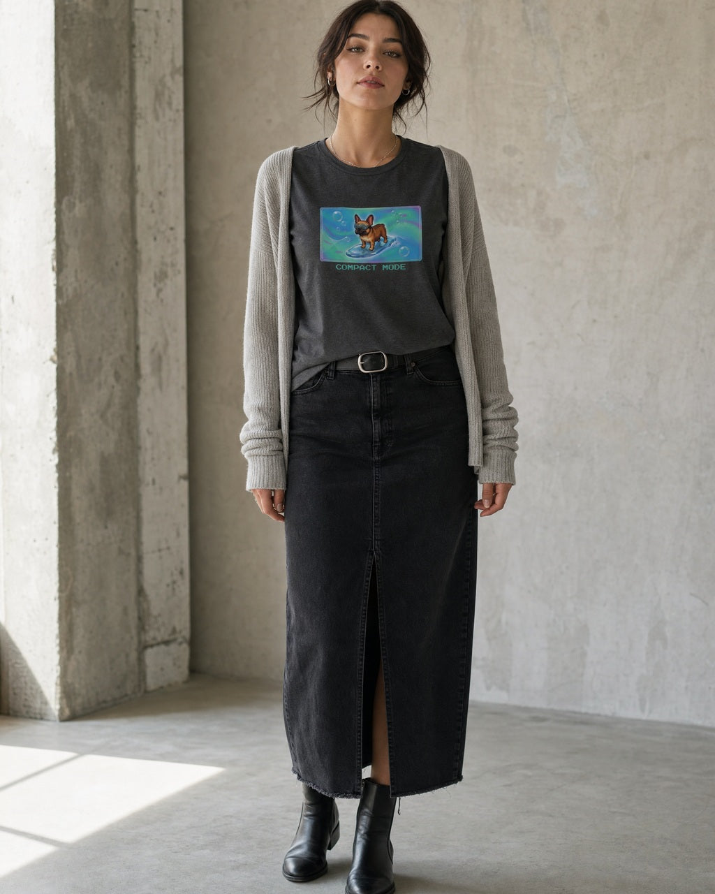 O's Tees Compact Mode French Bulldog Frutiger Aero Dogs graphic tee lifestyle image — Dark Heather shirt, female shot 02, washed black column skirt