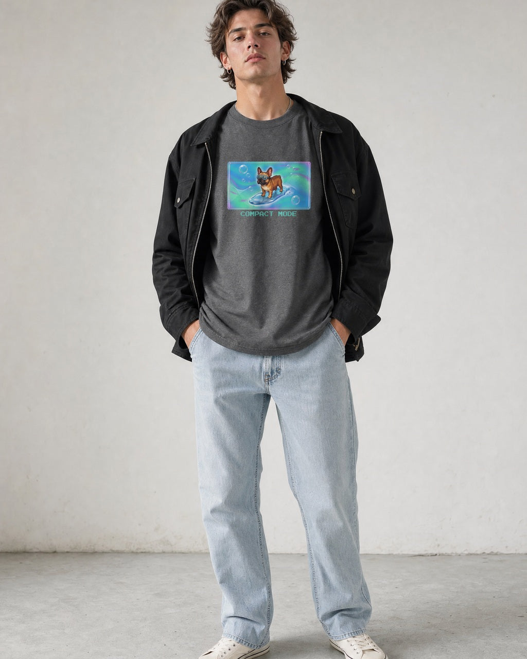 O's Tees Compact Mode French Bulldog Frutiger Aero Dogs graphic tee lifestyle image — Graphite Heather shirt, male shot 02, light denim black field