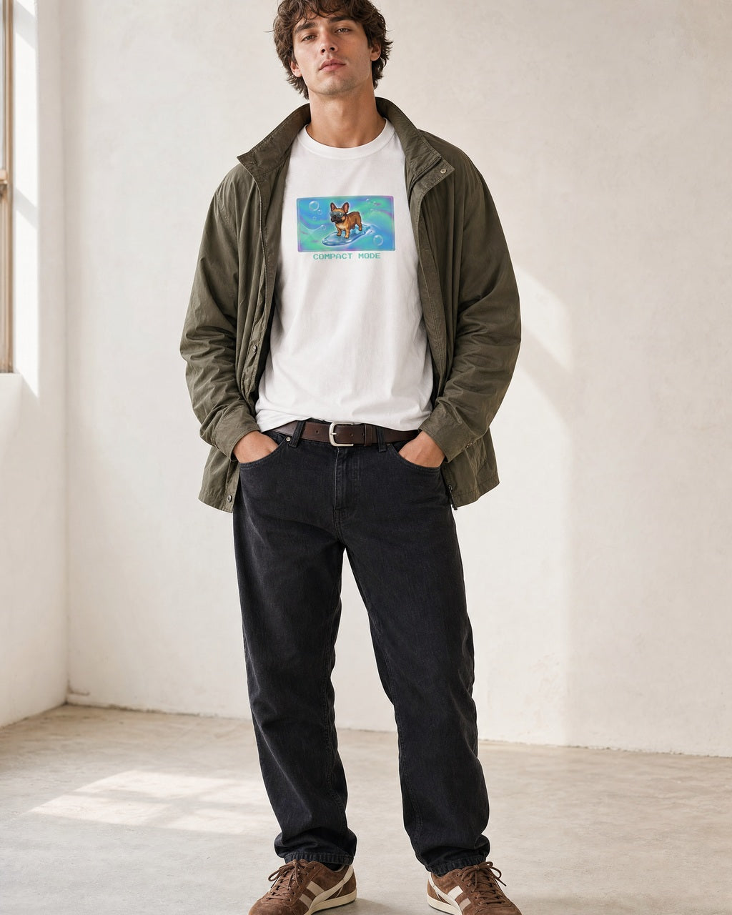 O's Tees Compact Mode French Bulldog Frutiger Aero Dogs graphic tee lifestyle image — White shirt, male shot 01, black denim field jacket