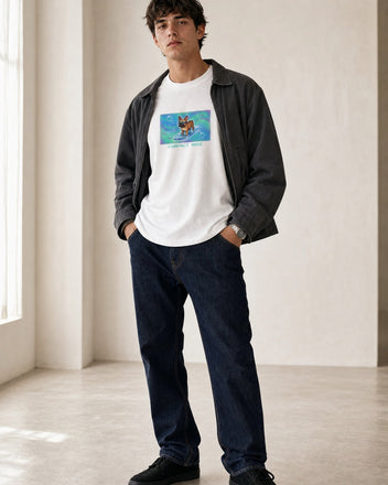 O's Tees Compact Mode French Bulldog Frutiger Aero Dogs graphic tee lifestyle image — White shirt, male shot 02, indigo workwear