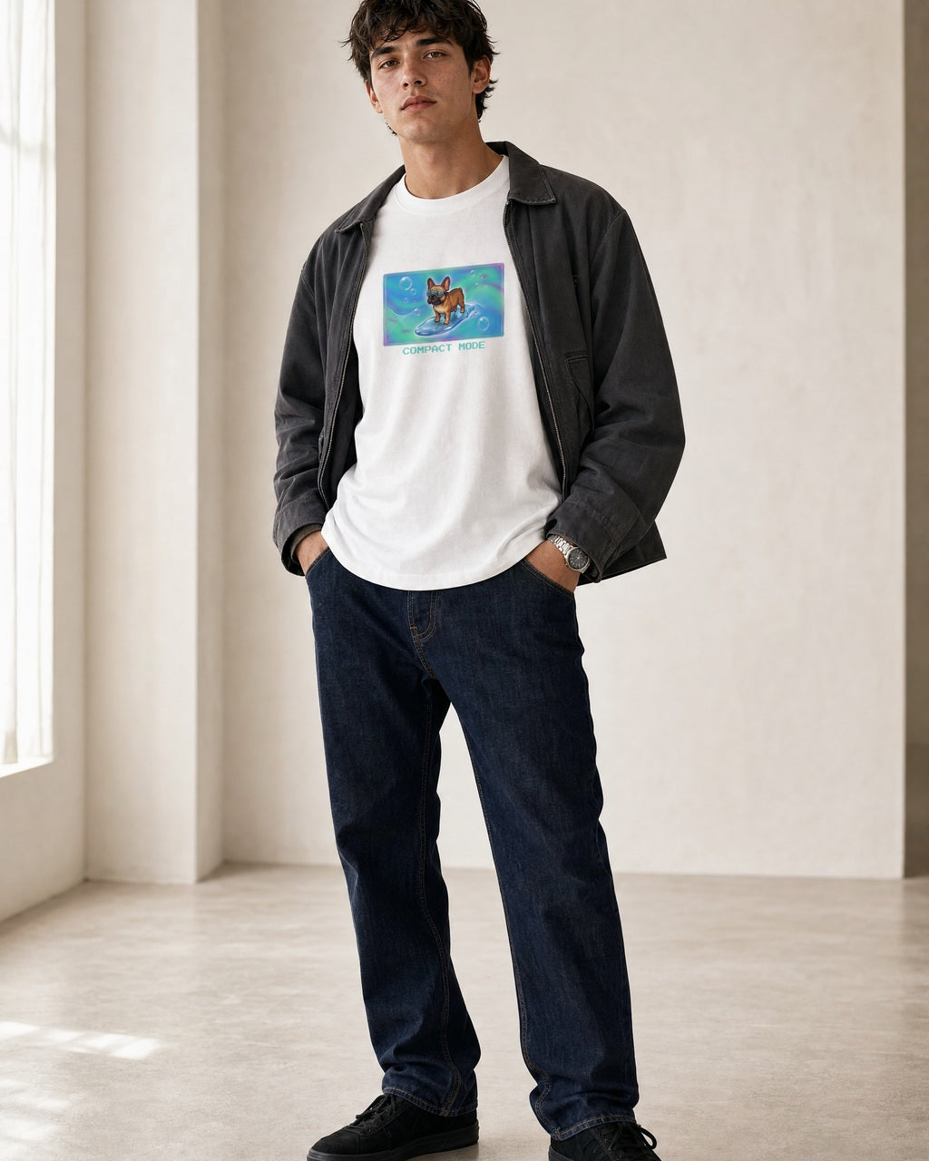 O's Tees Compact Mode French Bulldog Frutiger Aero Dogs graphic tee lifestyle image — White shirt, male shot 02, indigo workwear