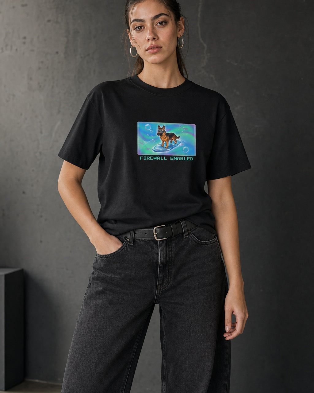 O's Tees Firewall Enabled German Shepherd Frutiger Aero Dogs graphic tee lifestyle image — Black shirt, female shot 01, washed black denim