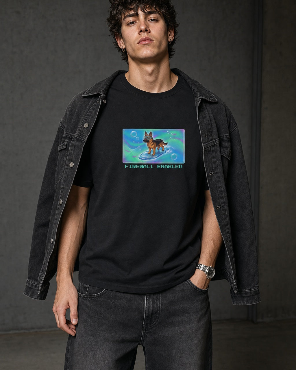 O's Tees Firewall Enabled German Shepherd Frutiger Aero Dogs graphic tee lifestyle image — Black shirt, male shot 02, washed black double denim