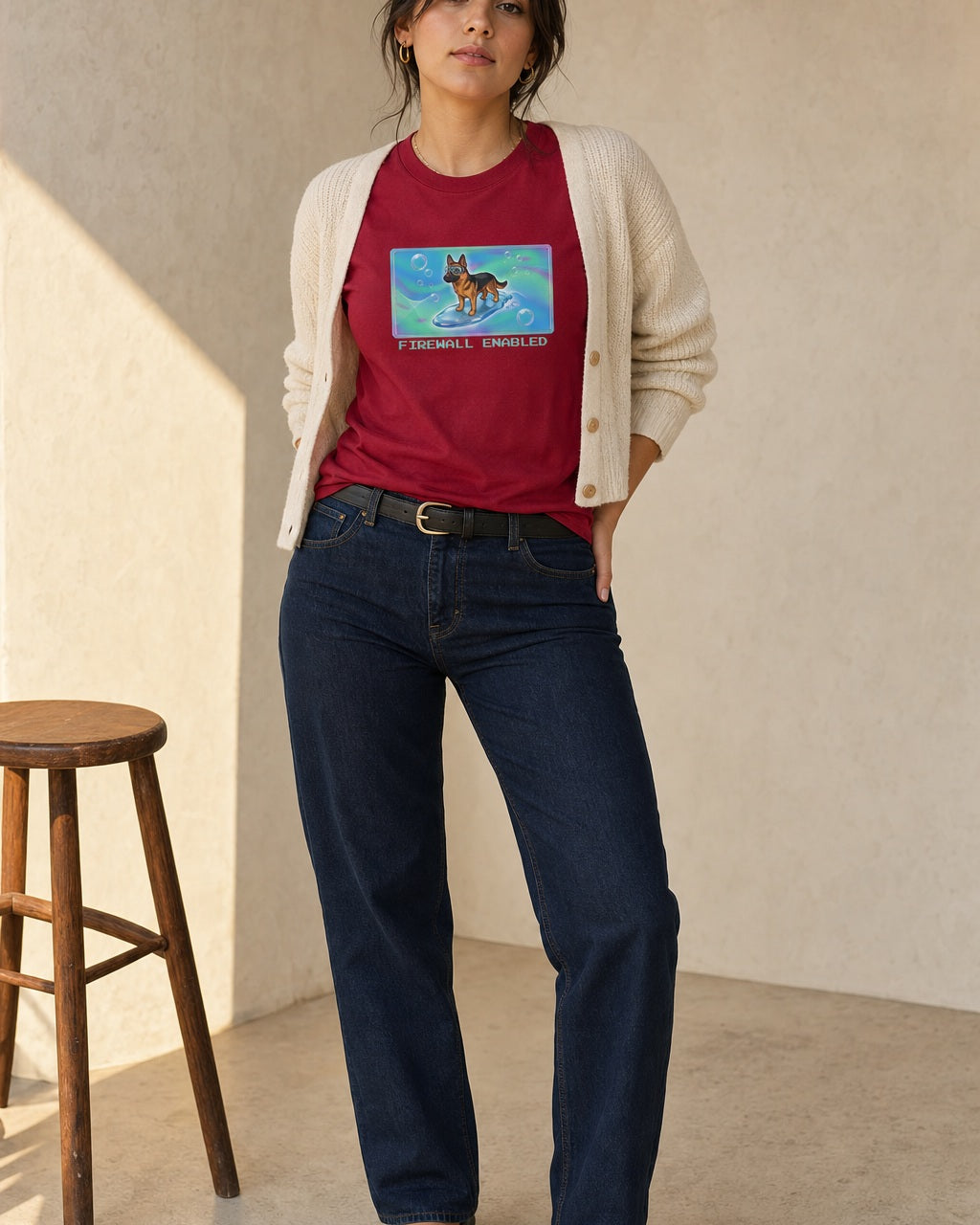 O's Tees Firewall Enabled German Shepherd Frutiger Aero Dogs graphic tee lifestyle image — Cardinal Red shirt, female shot 01, dark indigo cream cardigan
