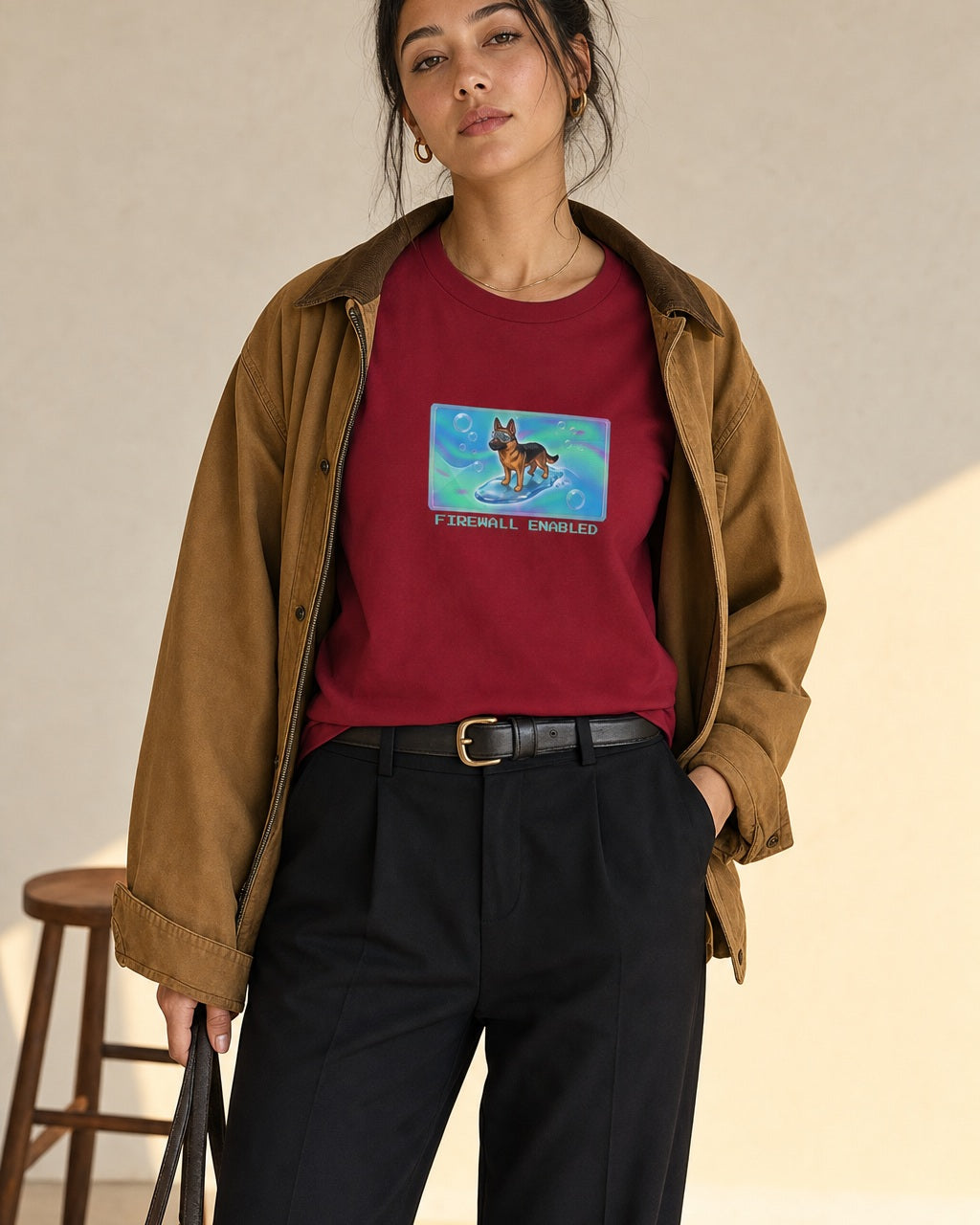 O's Tees Firewall Enabled German Shepherd Frutiger Aero Dogs graphic tee lifestyle image — Cardinal Red shirt, female shot 02, black trouser camel jacket