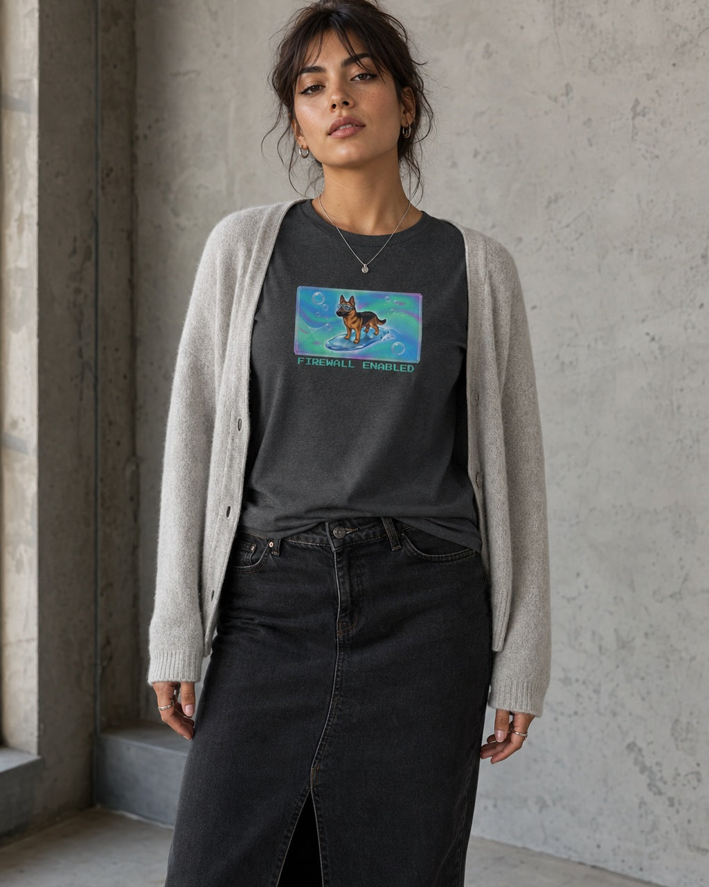 O's Tees Firewall Enabled German Shepherd Frutiger Aero Dogs graphic tee lifestyle image — Dark Heather shirt, female shot 02, washed black column skirt