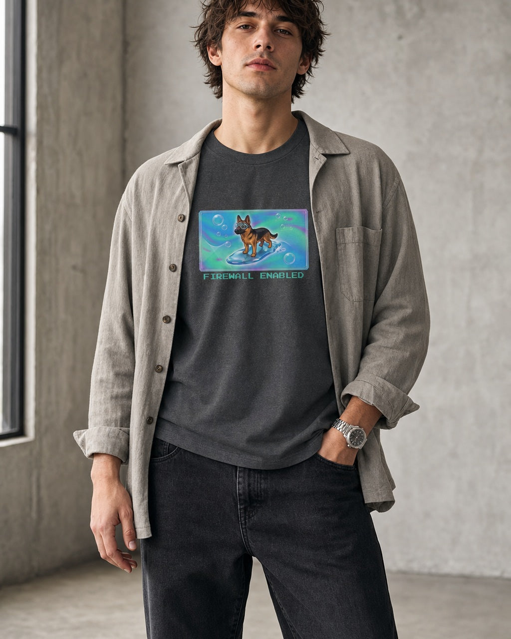 O's Tees Firewall Enabled German Shepherd Frutiger Aero Dogs graphic tee lifestyle image — Dark Heather shirt, male shot 02, faded black denim stone overshirt