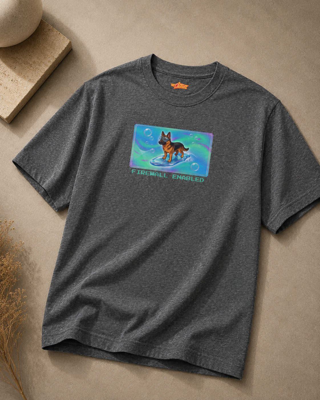 O's Tees Firewall Enabled German Shepherd Frutiger Aero Dogs graphic tee — tabletop primary product image