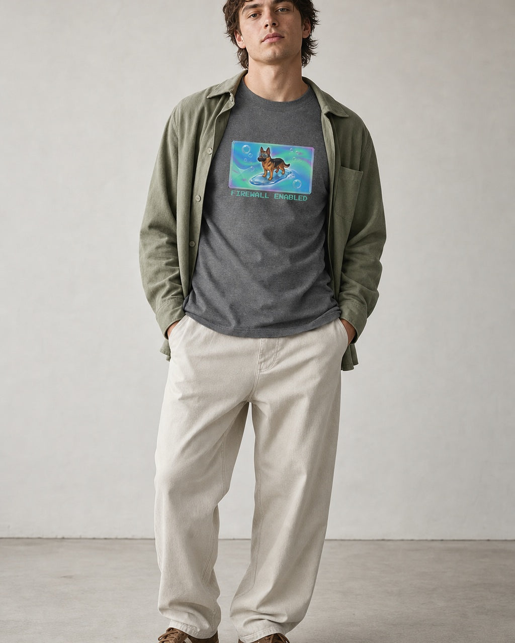 O's Tees Firewall Enabled German Shepherd Frutiger Aero Dogs graphic tee lifestyle image — Graphite Heather shirt, male shot 01, stone trouser sage overshirt