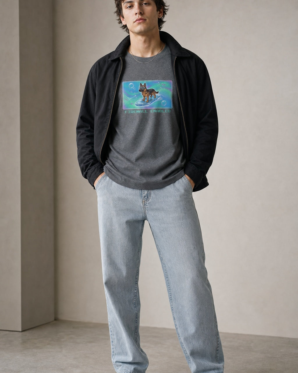 O's Tees Firewall Enabled German Shepherd Frutiger Aero Dogs graphic tee lifestyle image — Graphite Heather shirt, male shot 02, light denim black field