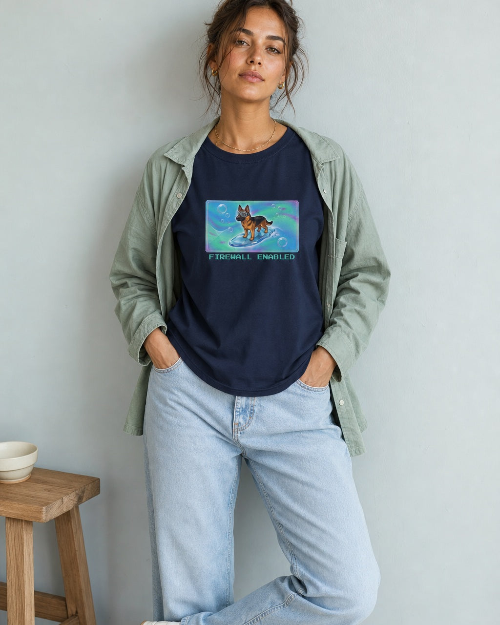O's Tees Firewall Enabled German Shepherd Frutiger Aero Dogs graphic tee lifestyle image — Navy shirt, female shot 02, lightwash sage
