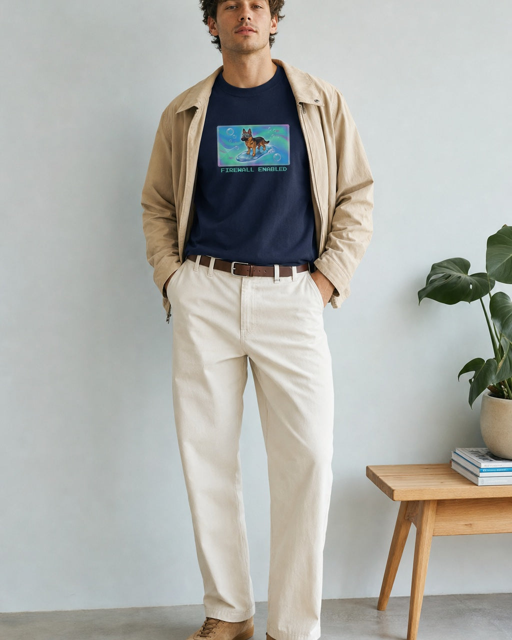 O's Tees Firewall Enabled German Shepherd Frutiger Aero Dogs graphic tee lifestyle image — Navy shirt, male shot 01, ecru trouser field