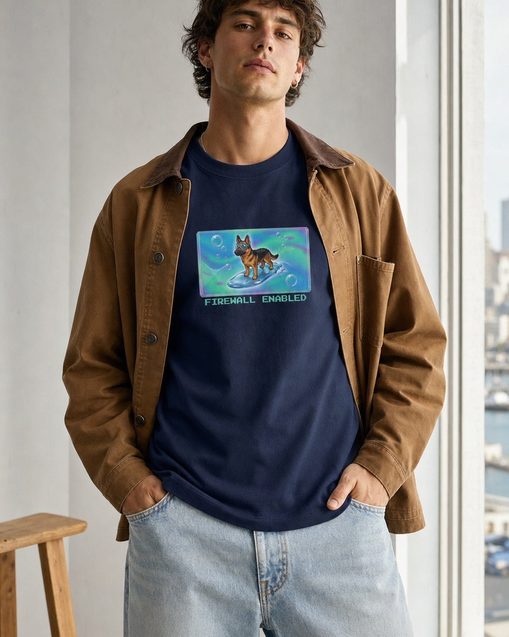 O's Tees Firewall Enabled German Shepherd Frutiger Aero Dogs graphic tee lifestyle image — Navy shirt, male shot 02, light denim tobacco