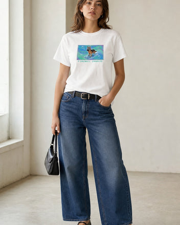 O's Tees Firewall Enabled German Shepherd Frutiger Aero Dogs graphic tee lifestyle image — White shirt, female shot 01, barrel denim mary jane