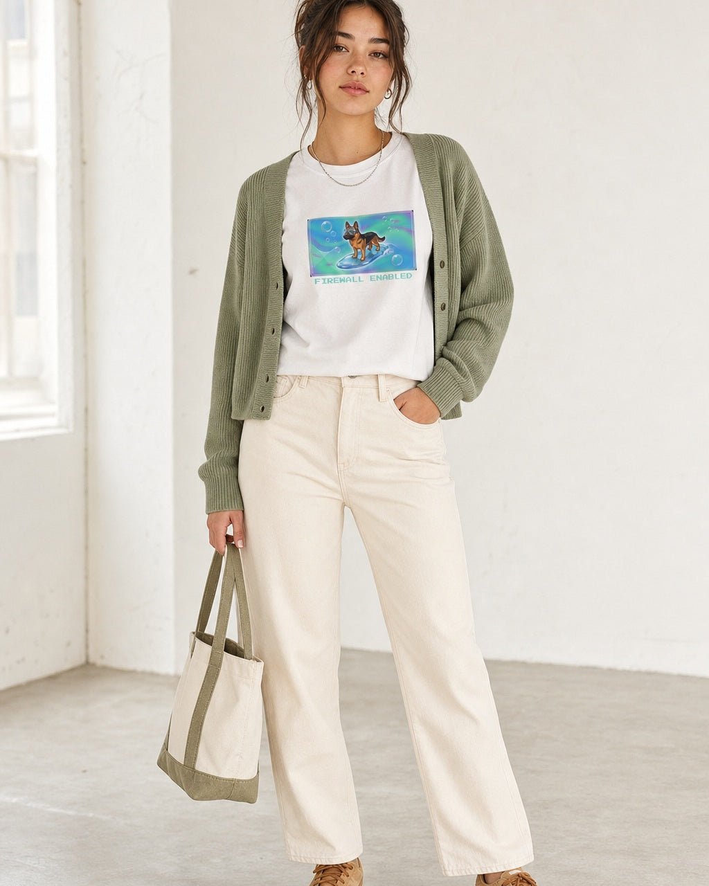 O's Tees Firewall Enabled German Shepherd Frutiger Aero Dogs graphic tee lifestyle image — White shirt, female shot 02, sage cardigan cream denim