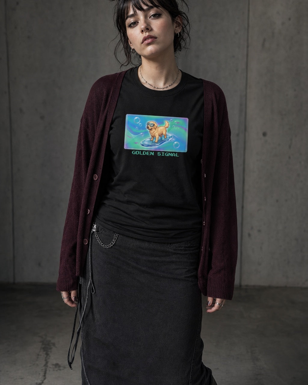 O's Tees Golden Signal Golden Retriever Frutiger Aero Dogs graphic tee lifestyle image — Black shirt, female shot 02, charcoal maxi plum