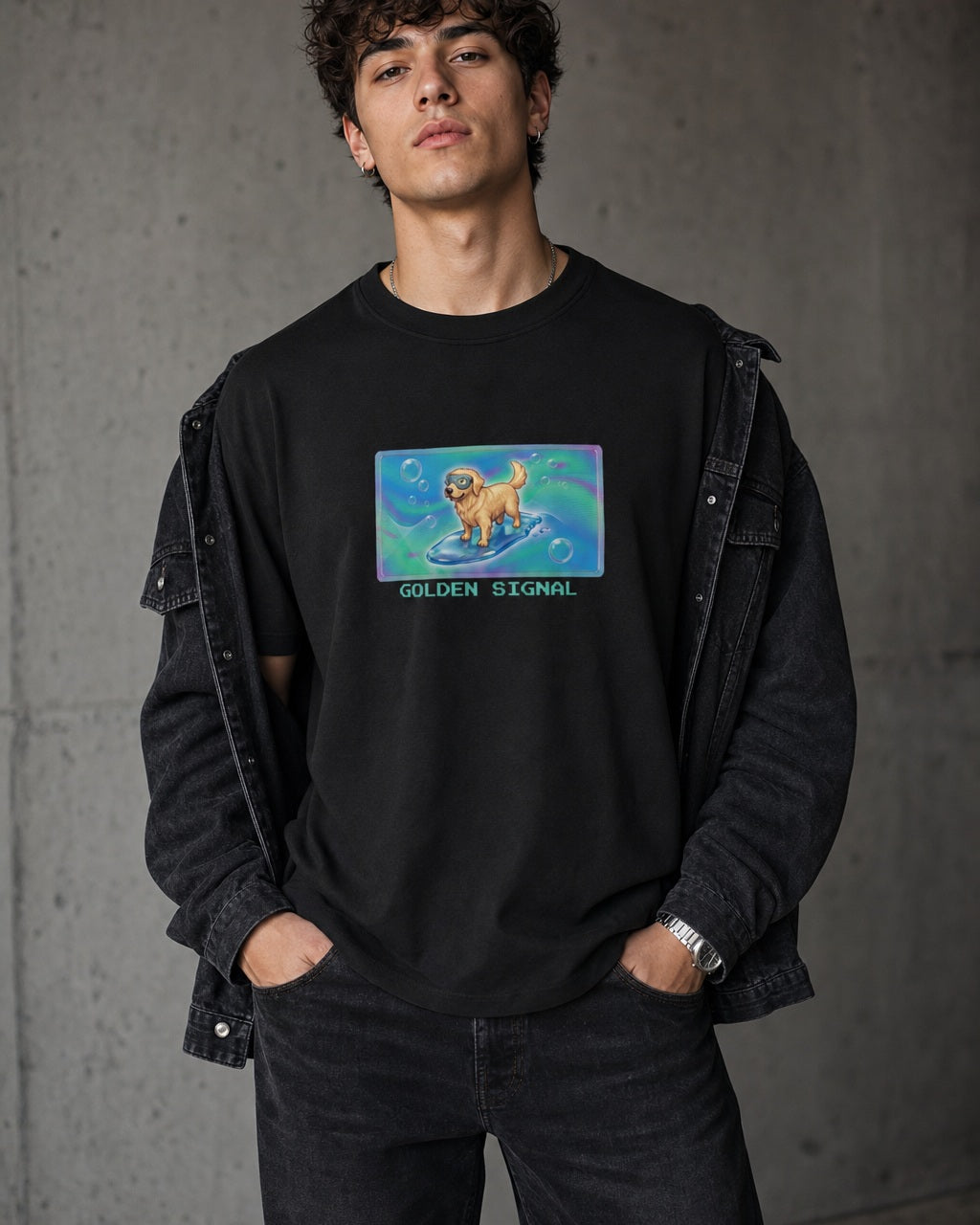 O's Tees Golden Signal Golden Retriever Frutiger Aero Dogs graphic tee lifestyle image — Black shirt, male shot 02, washed black double denim