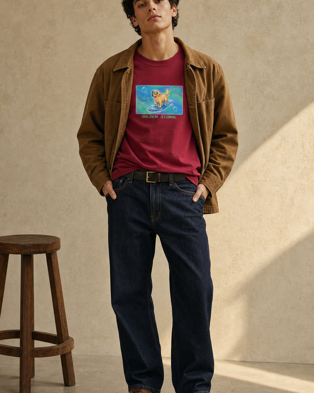 O's Tees Golden Signal Golden Retriever Frutiger Aero Dogs graphic tee lifestyle image — Cardinal Red shirt, male shot 01, raw denim camel chore