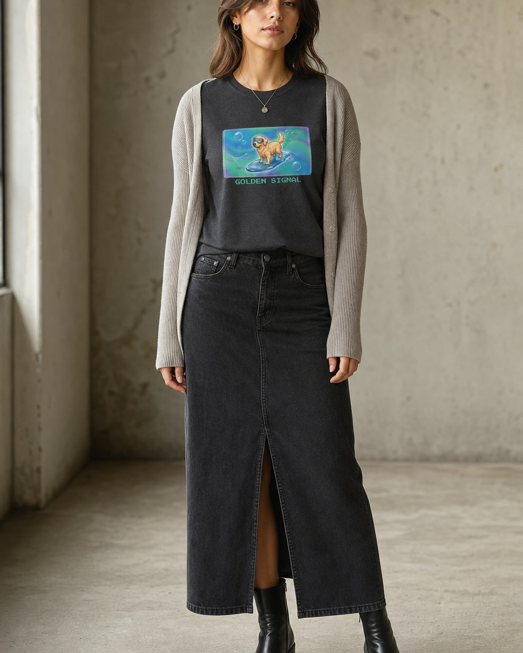 O's Tees Golden Signal Golden Retriever Frutiger Aero Dogs graphic tee lifestyle image — Dark Heather shirt, female shot 02, washed black column skirt