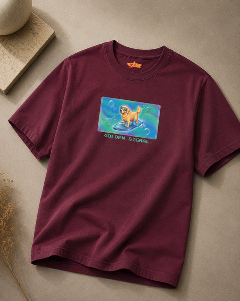 O's Tees Golden Signal Golden Retriever Frutiger Aero Dogs graphic tee — tabletop primary product image