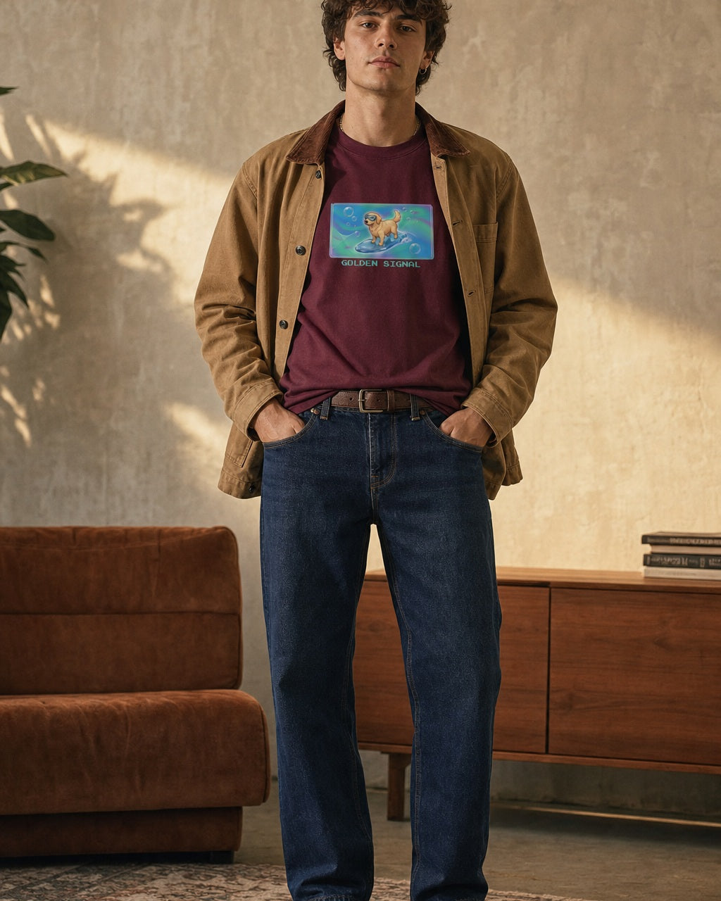 O's Tees Golden Signal Golden Retriever Frutiger Aero Dogs graphic tee lifestyle image — Maroon shirt, male shot 01, raw denim camel