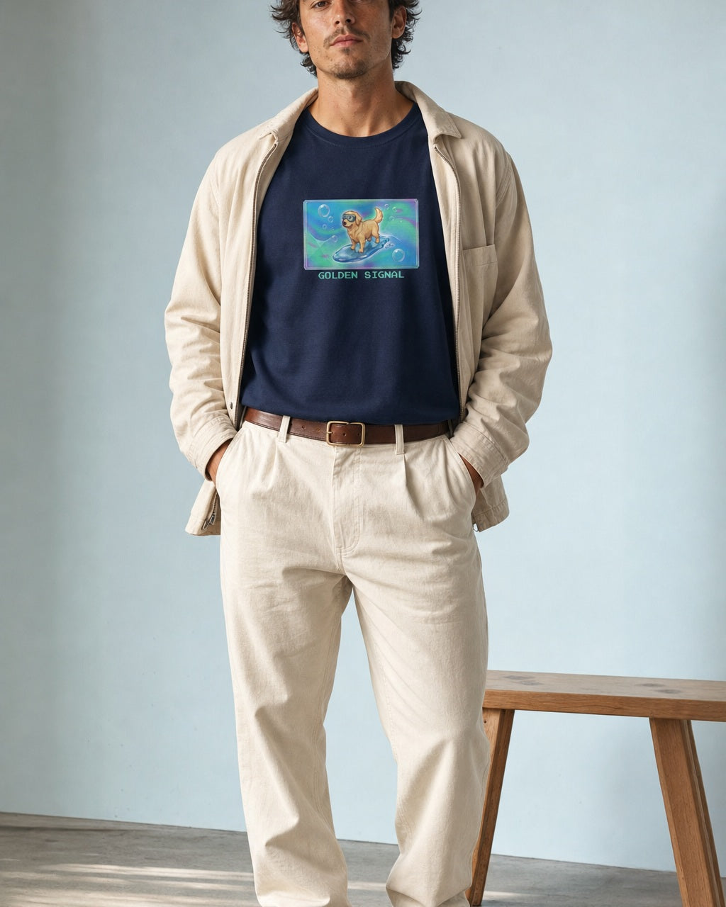 O's Tees Golden Signal Golden Retriever Frutiger Aero Dogs graphic tee lifestyle image — Navy shirt, male shot 01, ecru trouser field