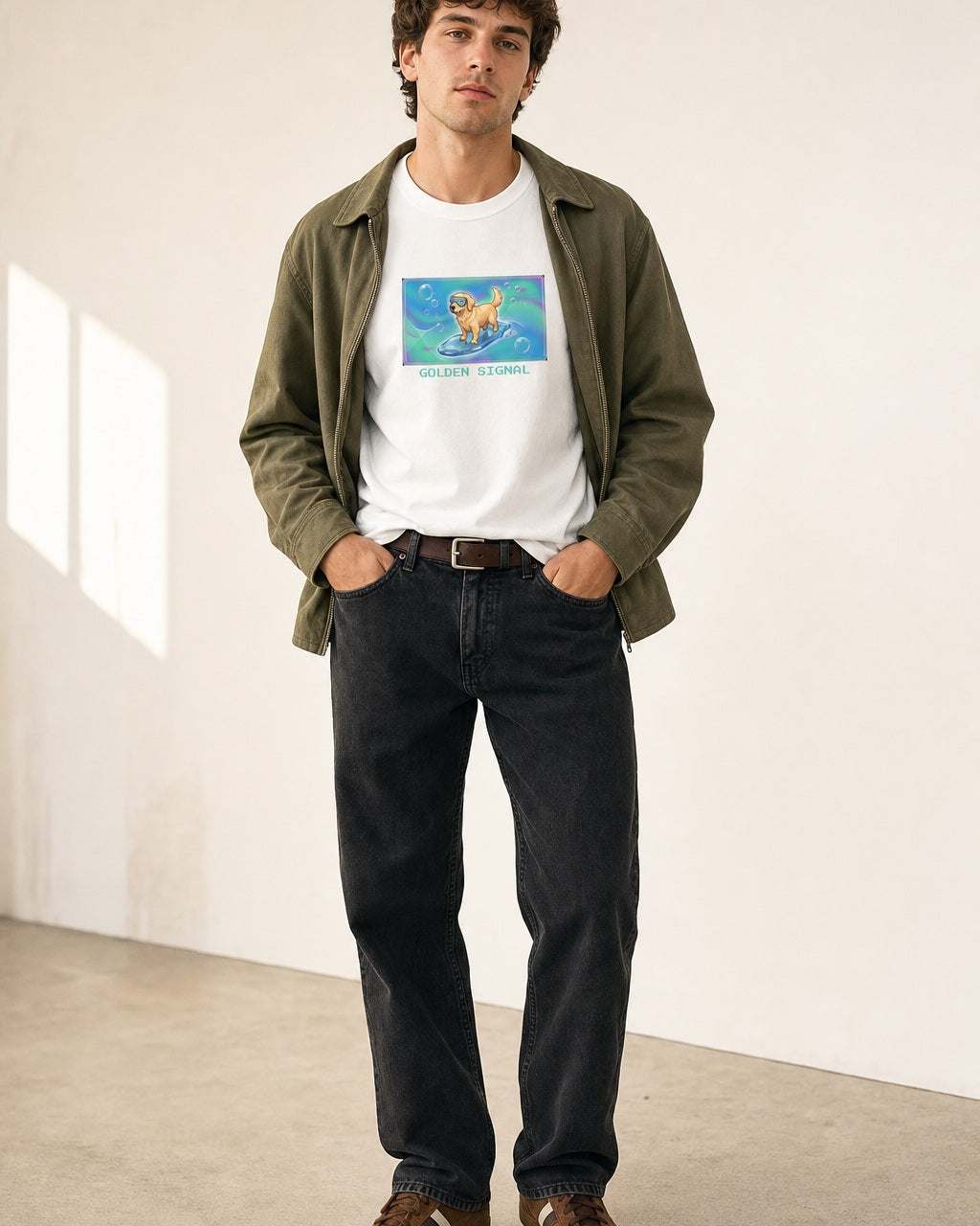 O's Tees Golden Signal Golden Retriever Frutiger Aero Dogs graphic tee lifestyle image — White shirt, male shot 01, black denim field jacket