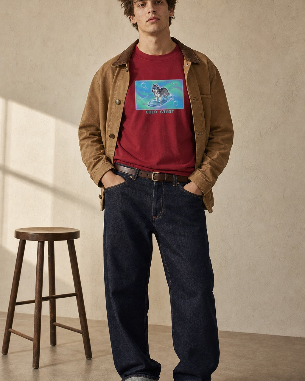 O's Tees Cold Start Husky Frutiger Aero Dogs graphic tee lifestyle image — Cardinal Red shirt, male shot 01, raw denim camel chore