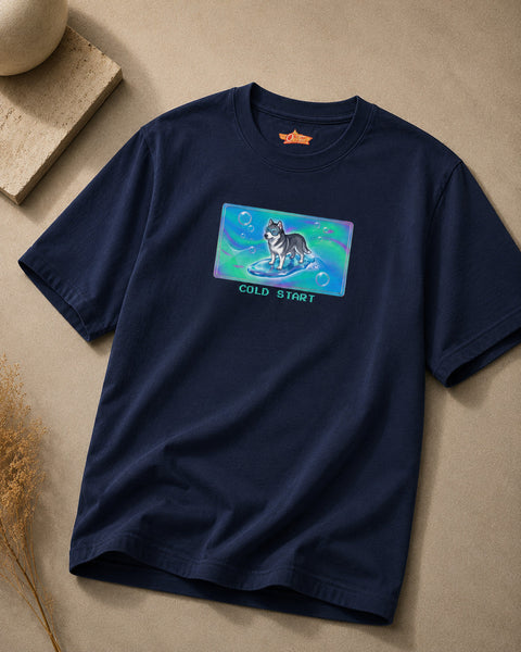O's Tees Cold Start Husky Frutiger Aero Dogs graphic tee — tabletop primary product image
