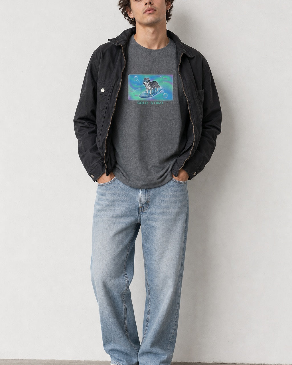 O's Tees Cold Start Husky Frutiger Aero Dogs graphic tee lifestyle image — Graphite Heather shirt, male shot 02, light denim black field